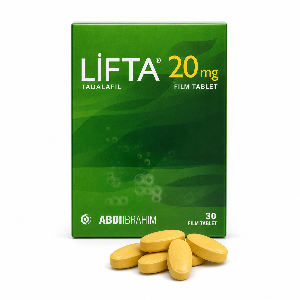Lifta 20 mg 30 film tablet ilaç kutusu, ön yüzü görünen ambalaj