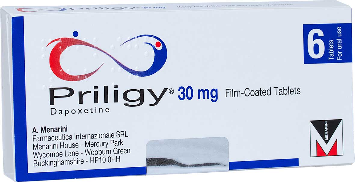 Priligy 30 mg 6 tabletlik ilaç kutusu, ön yüzde ürün adı ve dozaj bilgisi görünüyor
