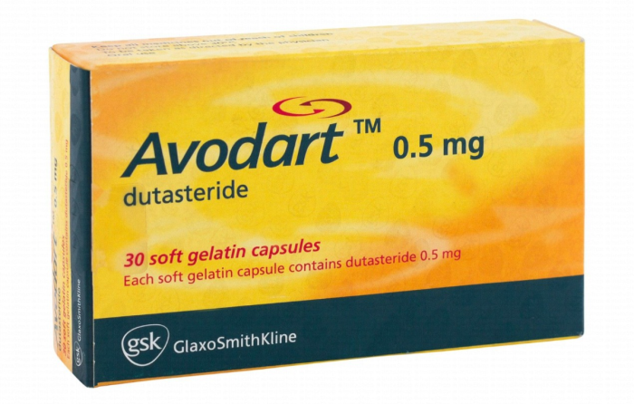Avodart 0.5 mg dutasterid 30 yumuşak kapsül içeren ilaç kutusu ve ambalajı