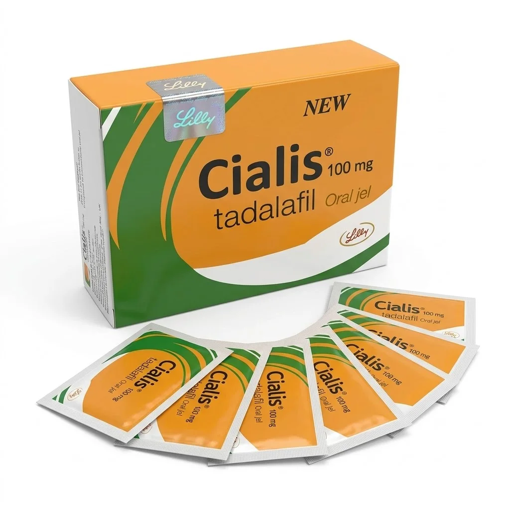Cialis 100 mg oral jel 7'li paket kutusu ve yanında tek kullanımlık jel saşeleri
