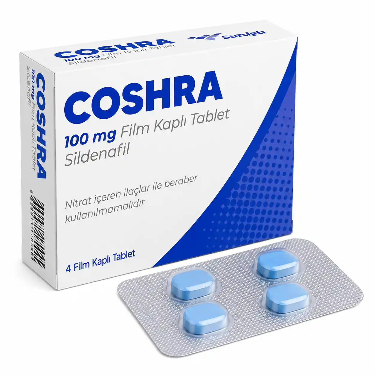 Coshra 100 mg 4 tablet içeren ilaç kutusunun ön yüzü