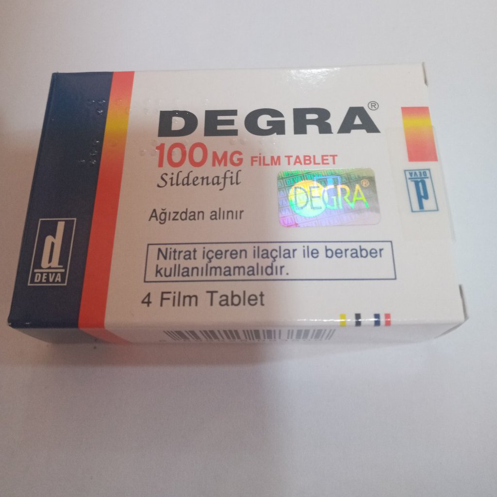 Degra 100 mg sildenafil içeren 4 tabletlik ilaç kutusunun ön yüzü