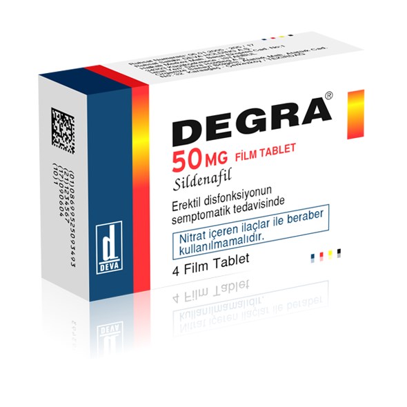 Degra 50 mg sildenafil içeren film tablet ilacın ambalaj kutusu