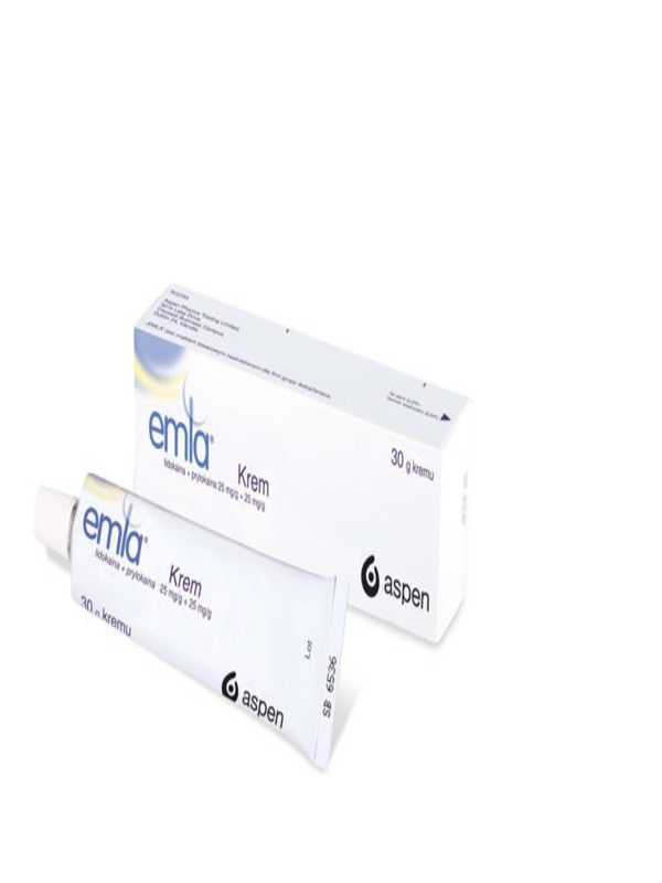 Emla Krem %5 30 gr, lokal anestezik içeren tüp ambalajlı krem ve karton kutusu