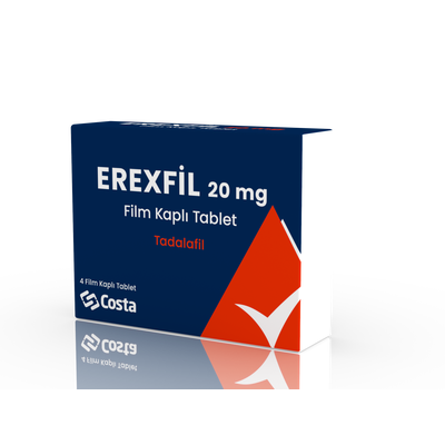 Erexfil 20 mg 4 film kaplı tablet ilaç kutusu, tadalafil etken maddeli ürün ambalajı