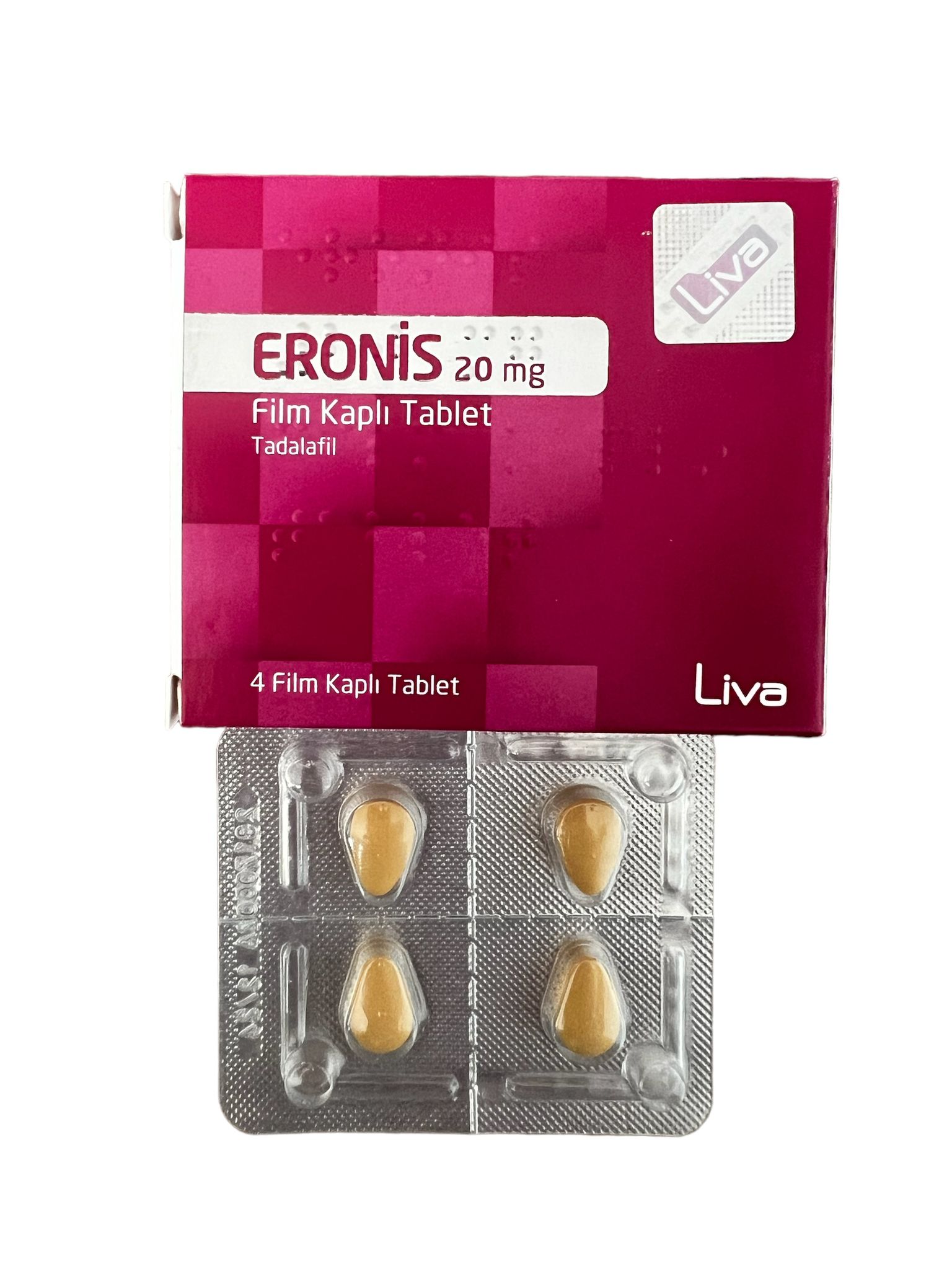 Eronis 20 mg 4 film kaplı tablet ambalajı, ön yüz görünümü