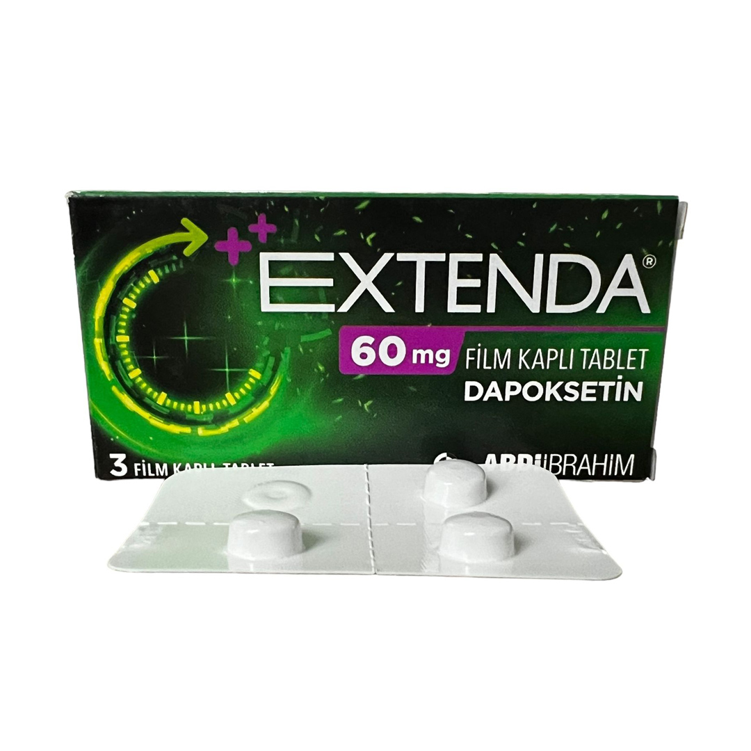 Extenda 60 mg 6 tabletlik blister paketin ve koyu gri, oval, film kaplı tabletlerin ürün görseli