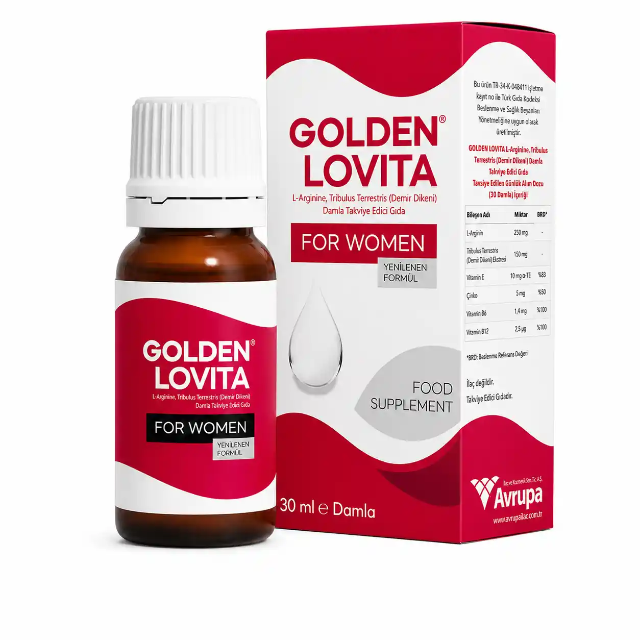 Golden Lovita Damla 20 ml takviye edici gıda şişesi ve ambalajı