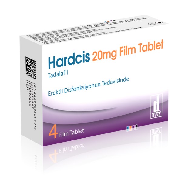 Hardcis 20 mg tadalafil içeren 4 tabletlik ilaç kutusunun ön yüzü