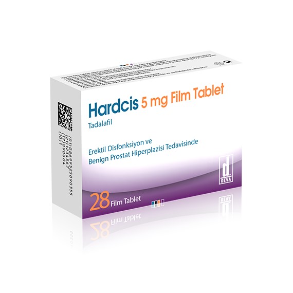 Hardcis 5 mg 28 tabletlik tadalafil içeren ilaç kutusunun ön yüz görüntüsü