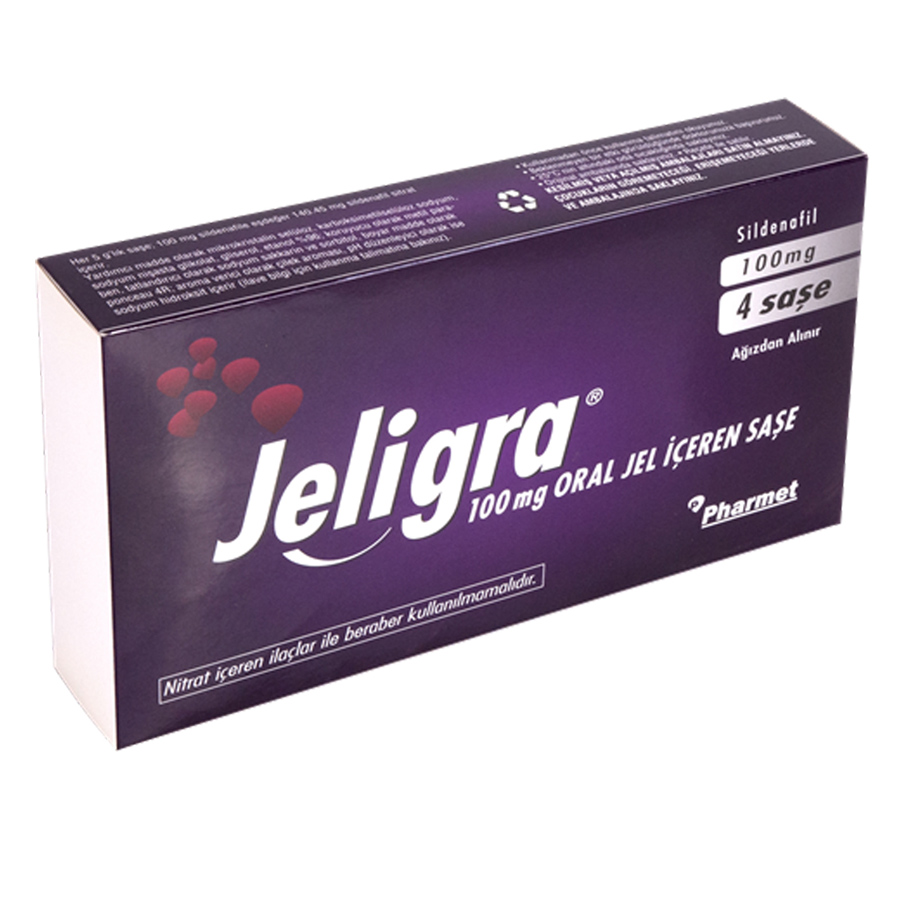 Jeligra 100 mg oral jel ürününün kutusu ve ambalajı