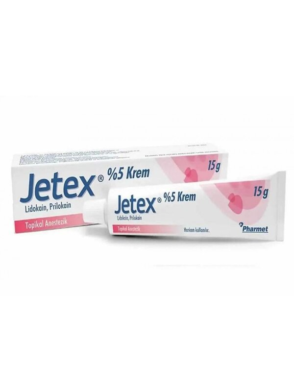 Jetex Krem %5 15 gr lokal anestezik krem tüpü ve ürün ambalajı