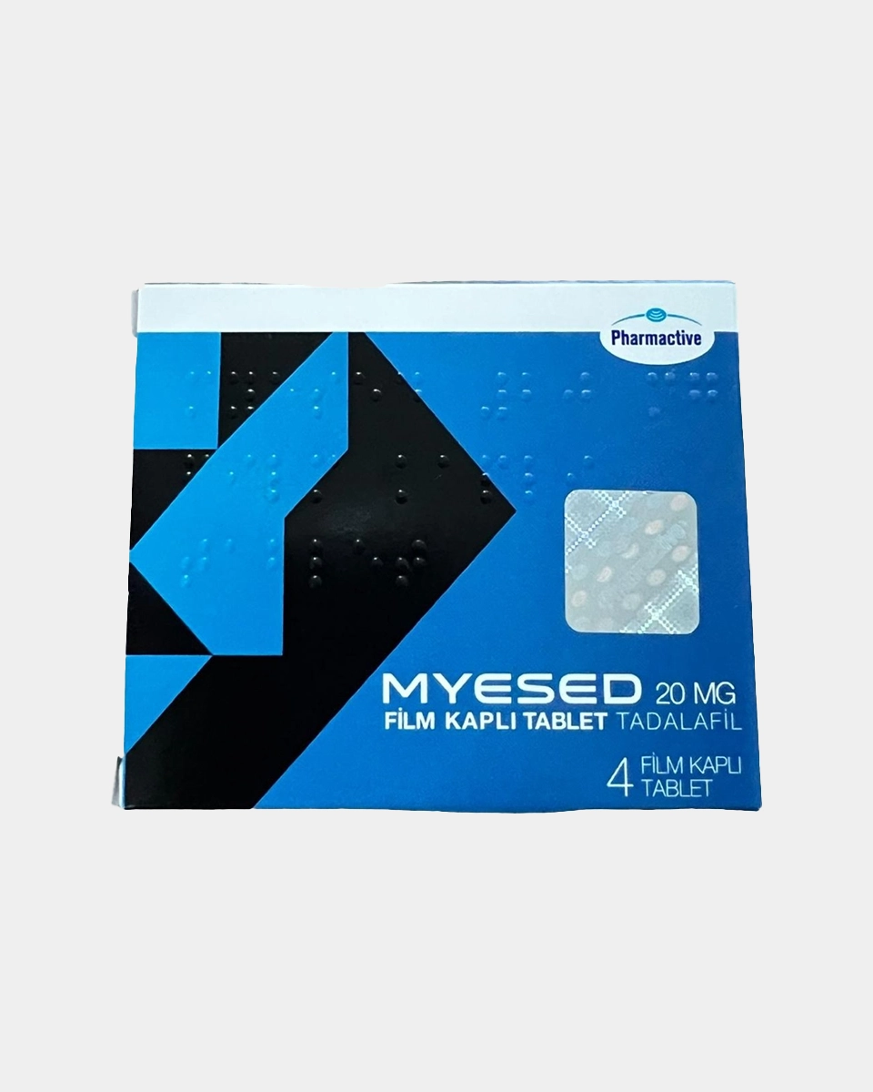 Myesed 20 mg 4 tabletlik blister paket ve koyu sarı üçgen tabletler