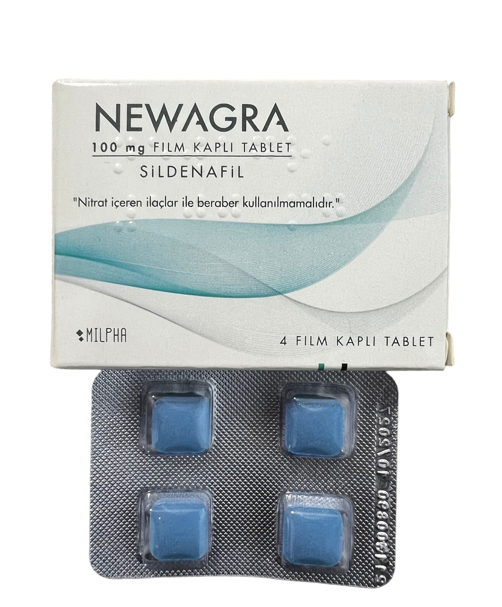 Newagra 100 mg 4 film kaplı tablet içeren blister ambalajlı sertleştirici hap kutusu