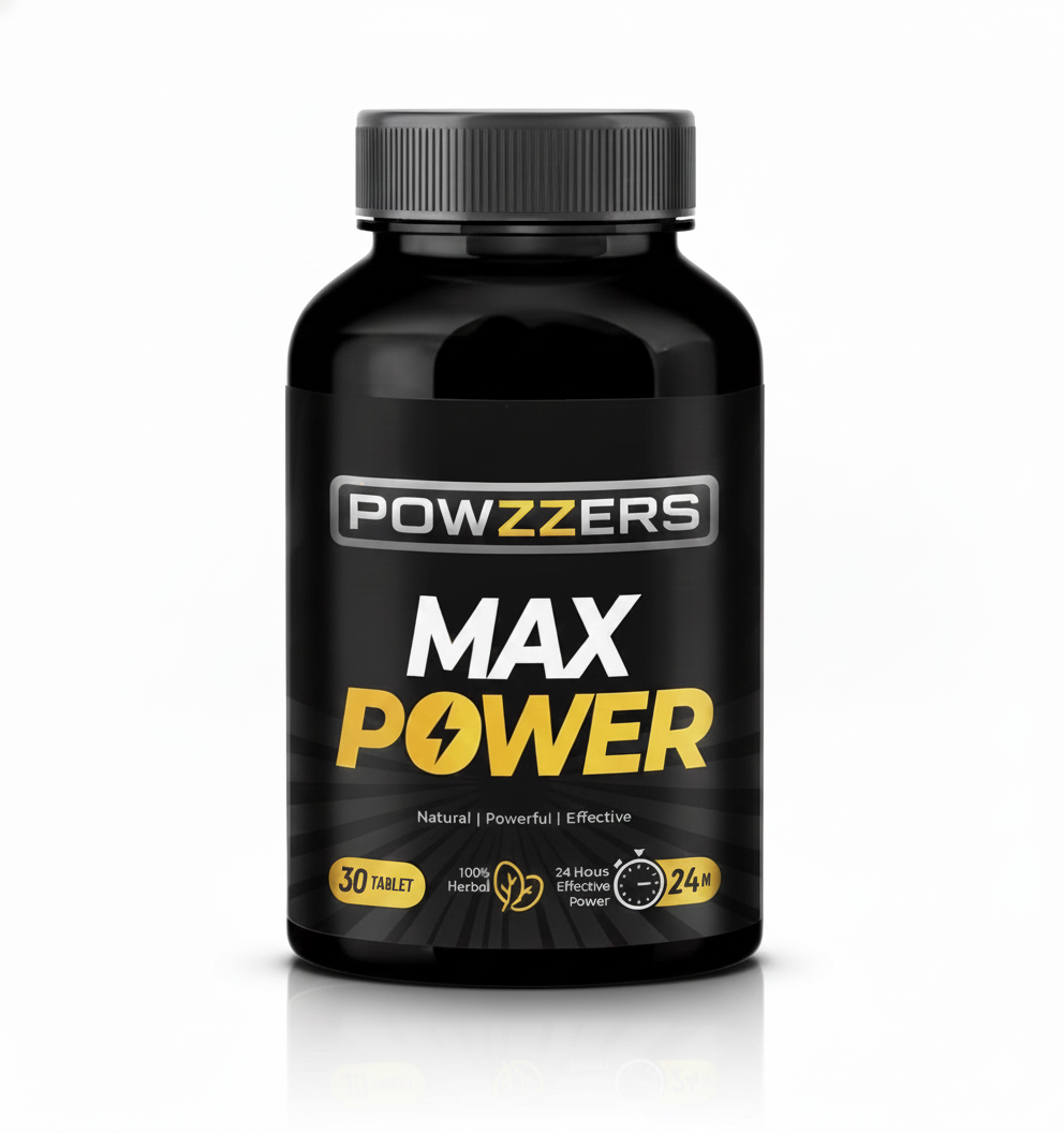 Powzzers Max Power Tablet 30 tabletlik gıda takviyesi kutusunun ön yüzü