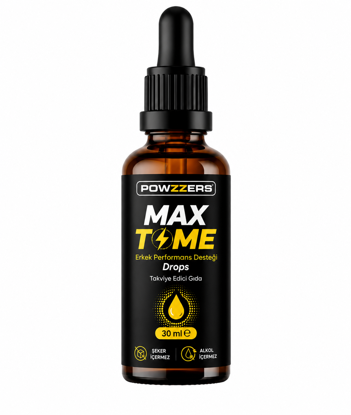 Powzzers Max Love Damla sıvı takviye ürününün damlalıklı şişesi ve ambalajı