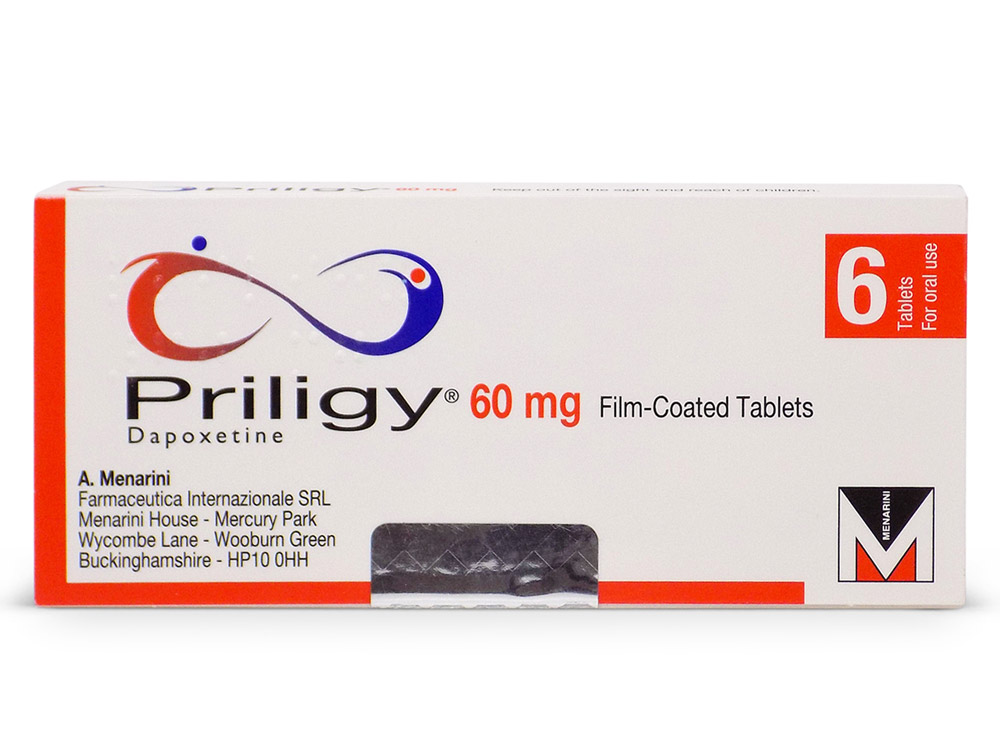 Priligy 60 mg dapoksetin içerikli 6 tabletlik ilaç kutusunun ön yüzden görünümü
