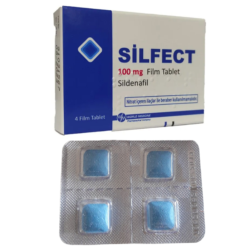 Silfect 100 mg sildenafil içeren 4 tabletlik ilaç kutusunun ürün görseli