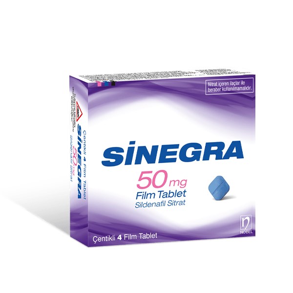 Sinegra 50 mg film tablet 4'lü kutu ambalajı, sildenafil içeren ilaç kutusunun önden görünümü