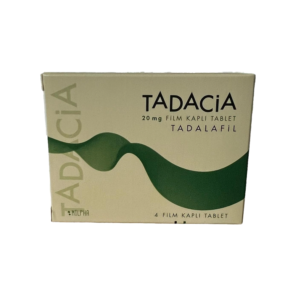 Tadacia 20 mg 4 film kaplı tablet içeren blister ve ürün kutusunun yakından görünümü
