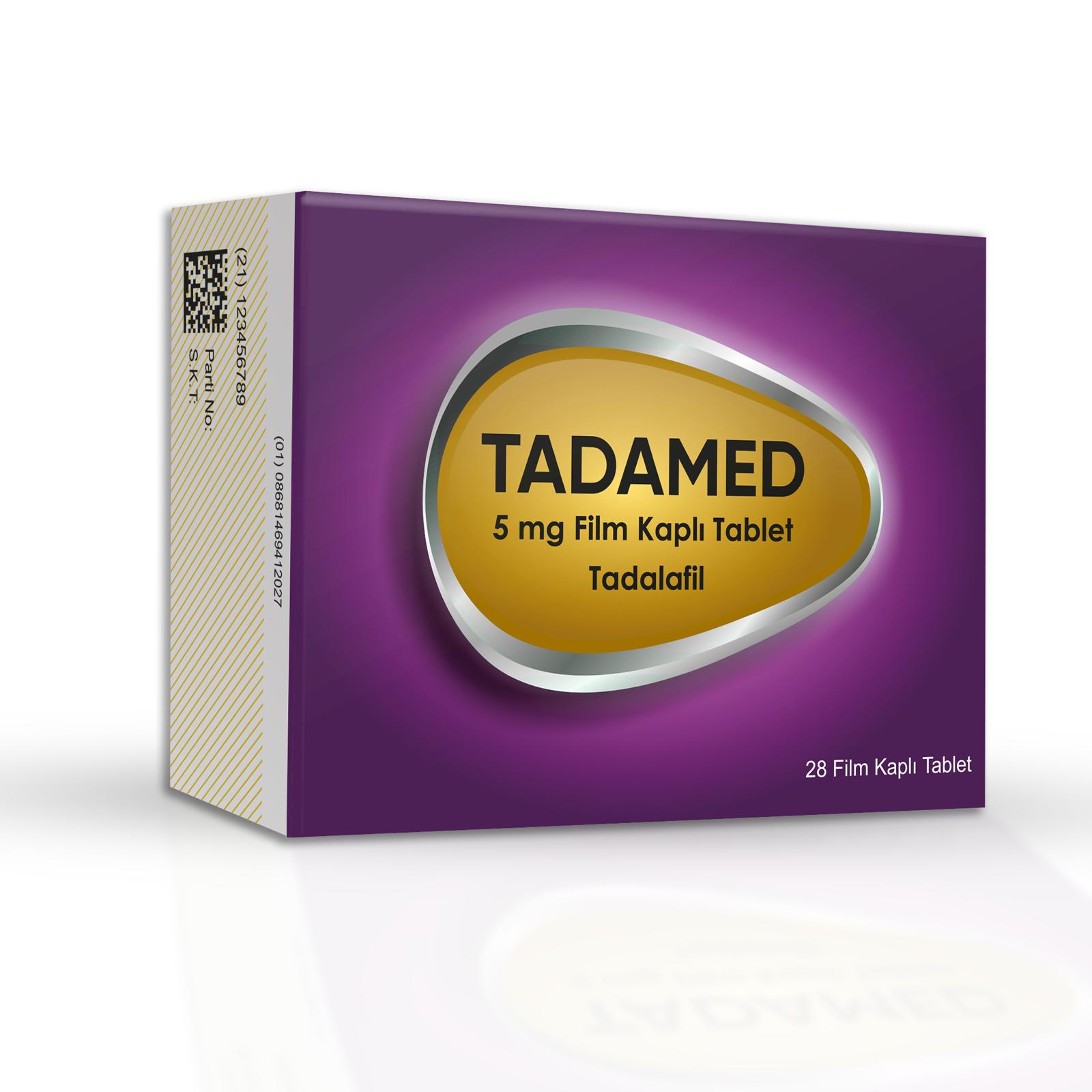 Tadamed 5 mg 28 film tablet ilaç kutusu, ön yüzde ürün adı ve tablet miktarı görünüyor