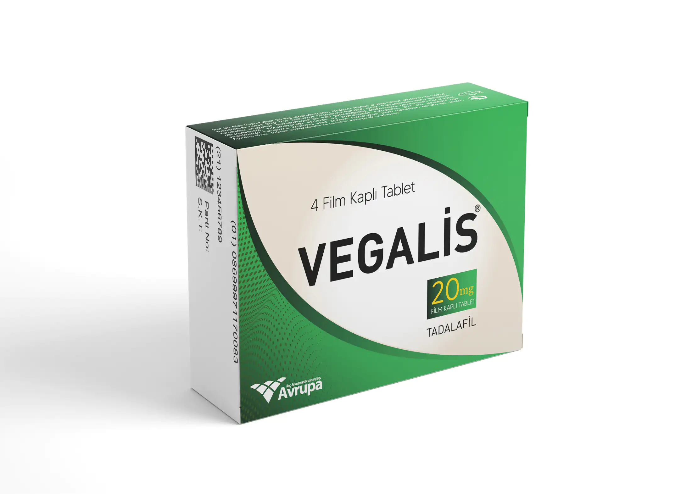 Vegalis 20 mg 4 film kaplı tablet içeren ilaç kutusu ön yüzü