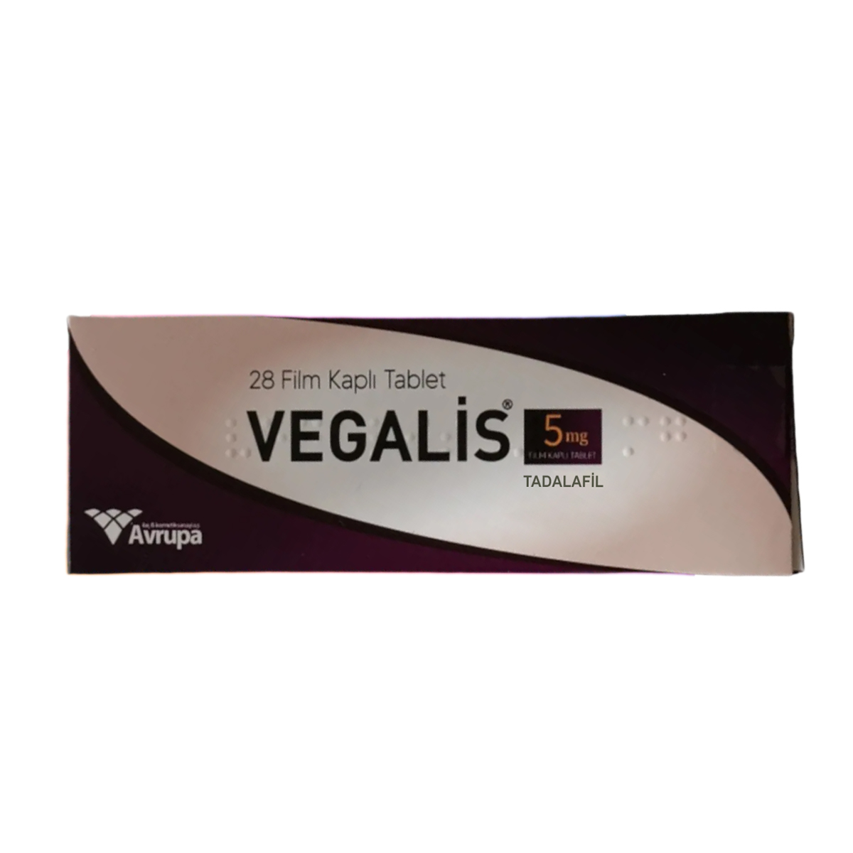 Vegalis 5 mg 28 tabletlik ürün kutusu ve yanında sarı, yuvarlak tabletler