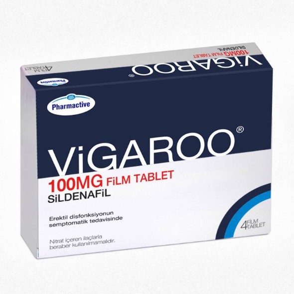 Vigaroo 100 mg sildenafil içeren dört tabletlik ilaç kutusunun ön yüzü