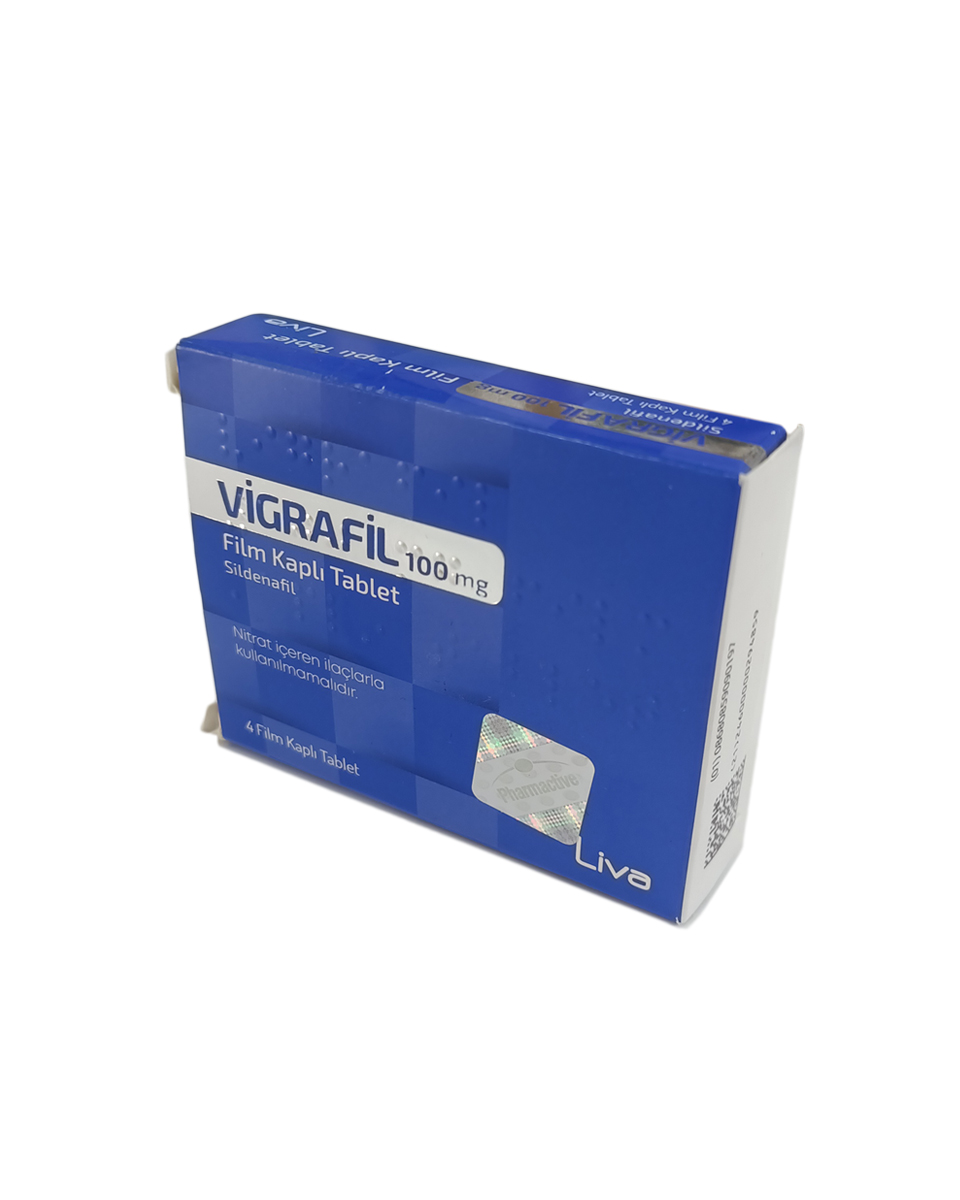 Vigrafil 100 mg 4 film kaplı tablet ambalajı, sildenafil içeren sertleşme bozukluğu ürünü kutusu