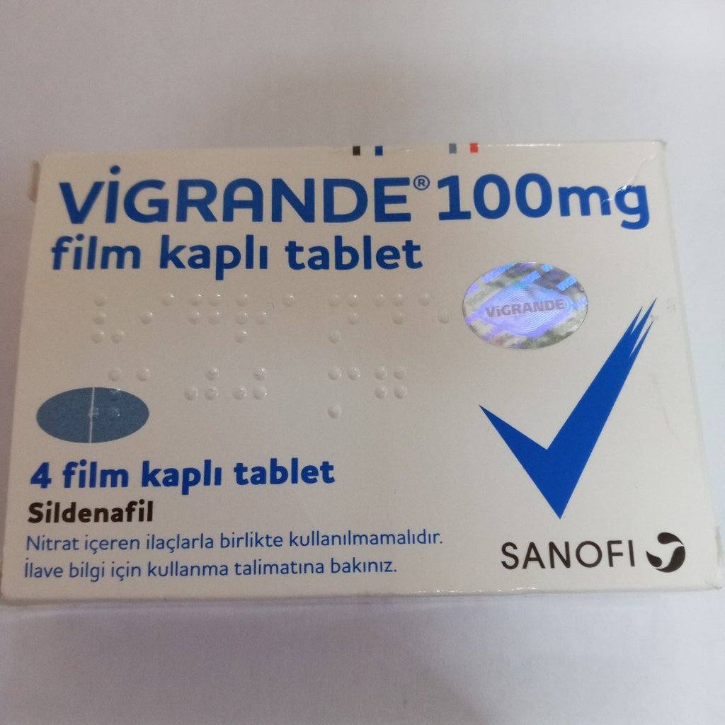 Vigrande 100 mg 4 tablet sildenafil içeren ilaç kutusunun ön yüzü